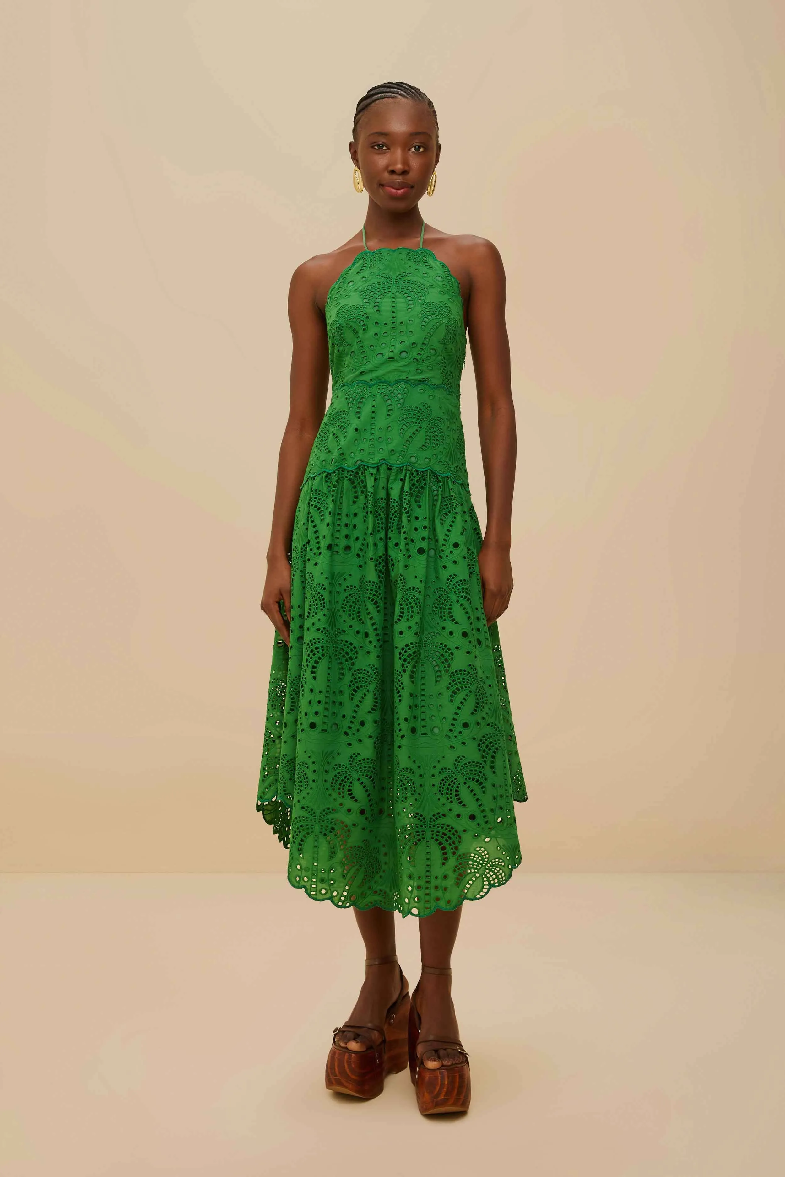 Green Palm Tree Eyelet Halter Neck Midi Dress sold by FARM Rio