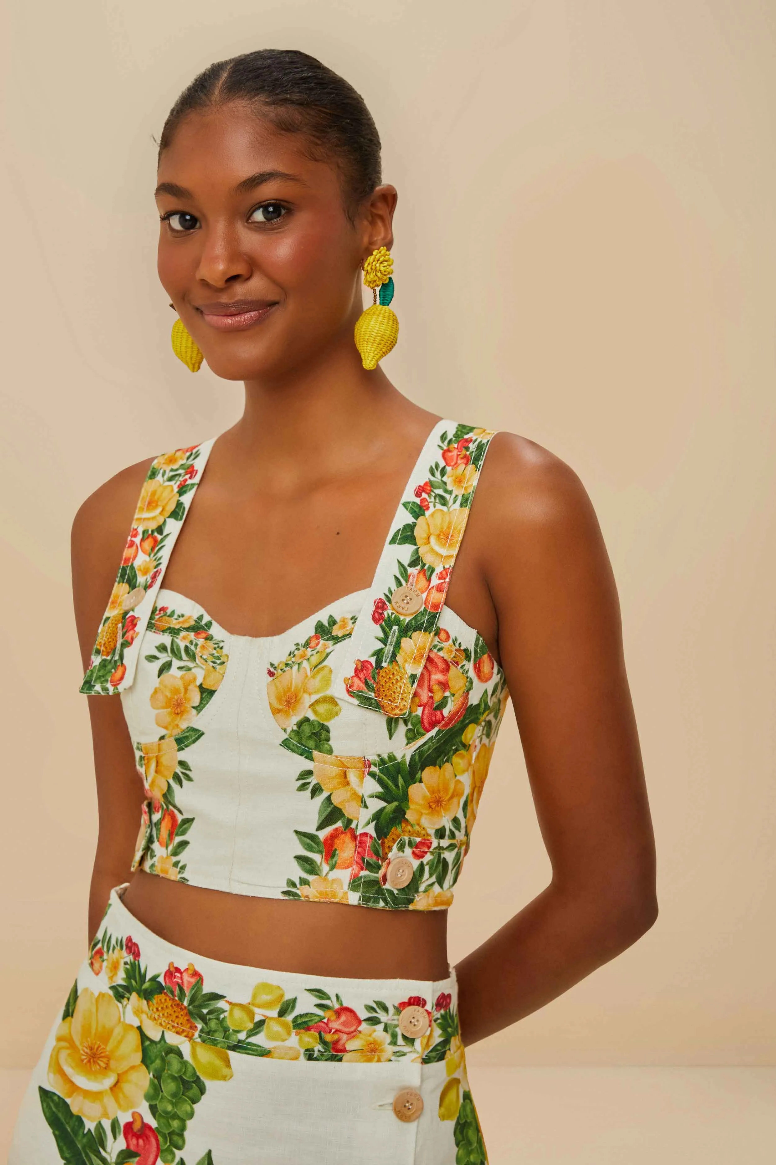 Off-White Picnic Flowers Euroflax™ Premium Linen Crop Top sold by FARM Rio product image thumbnail 3