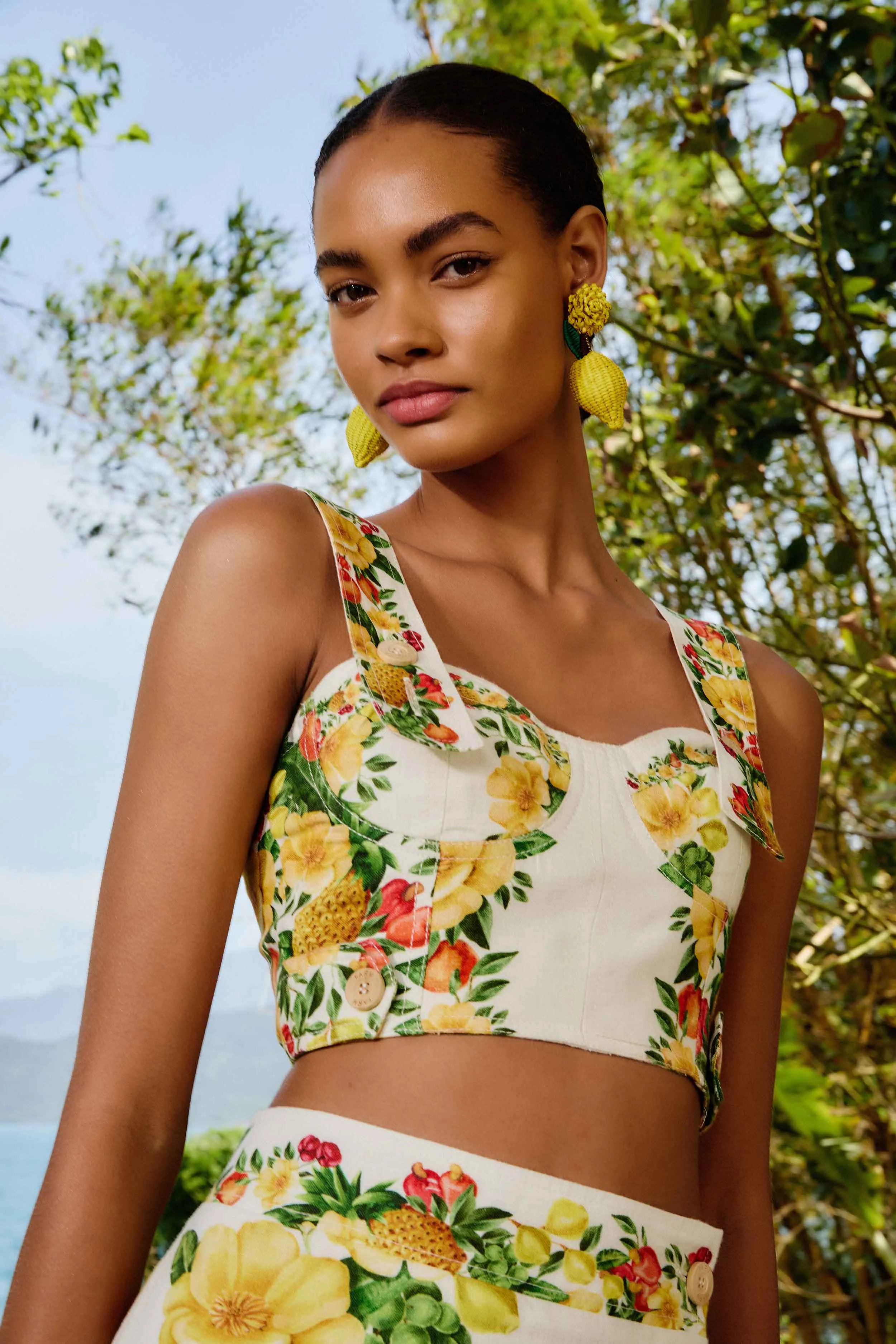 Off-White Picnic Flowers Euroflax™ Premium Linen Crop Top sold by FARM Rio