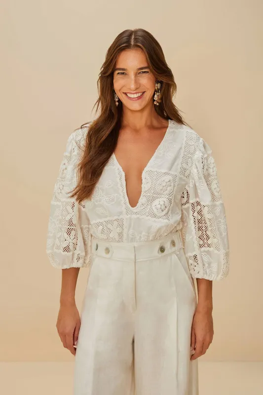 Off-White Rosy Eyelet Puff Sleeve Bodysuit made by FARM Rio