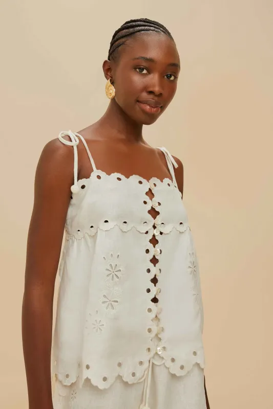 Off-White Flowers Richelieu Euroflax™ Premium Linen Blouse sold by FARM Rio