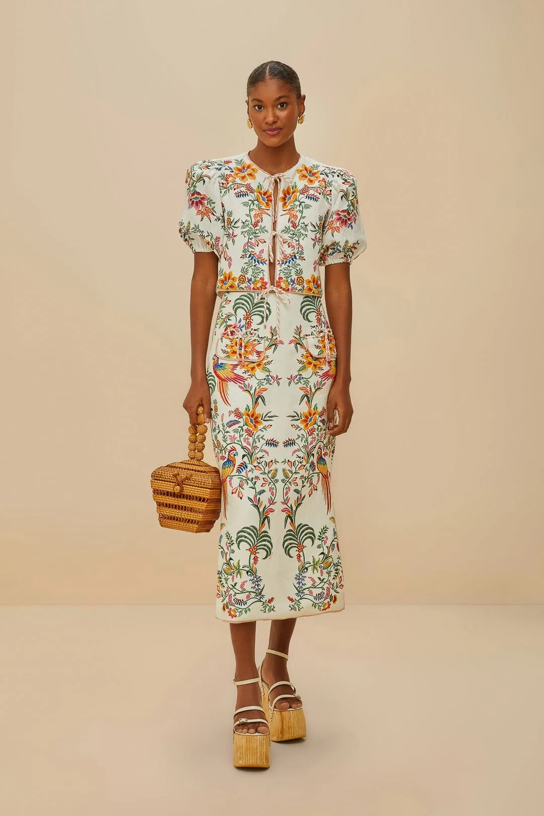 Off-White Delicate Forest Euroflax™ Premium Linen Midi Skirt sold by FARM Rio