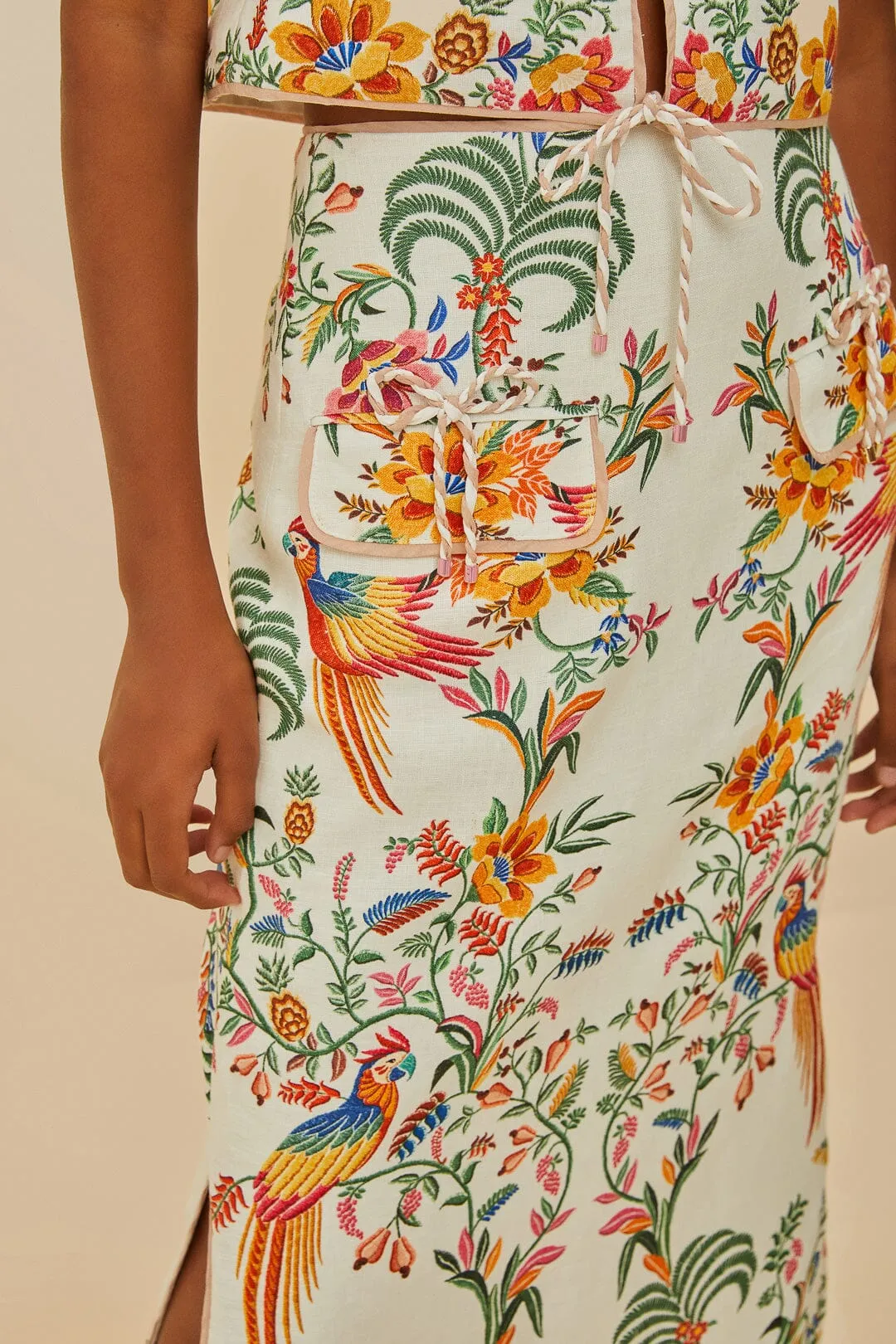 Off-White Delicate Forest Euroflax™ Premium Linen Midi Skirt sold by FARM Rio product image thumbnail 4