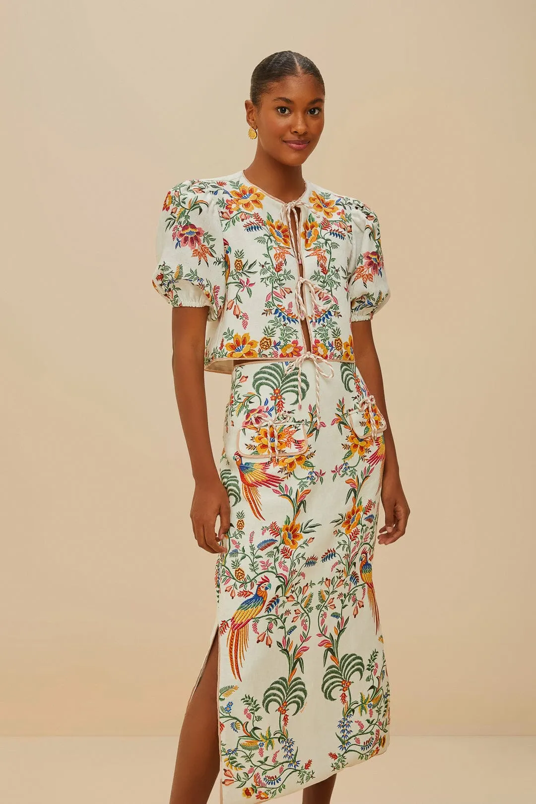 Off-White Delicate Forest Euroflax™ Premium Linen Midi Skirt sold by FARM Rio product image thumbnail 3