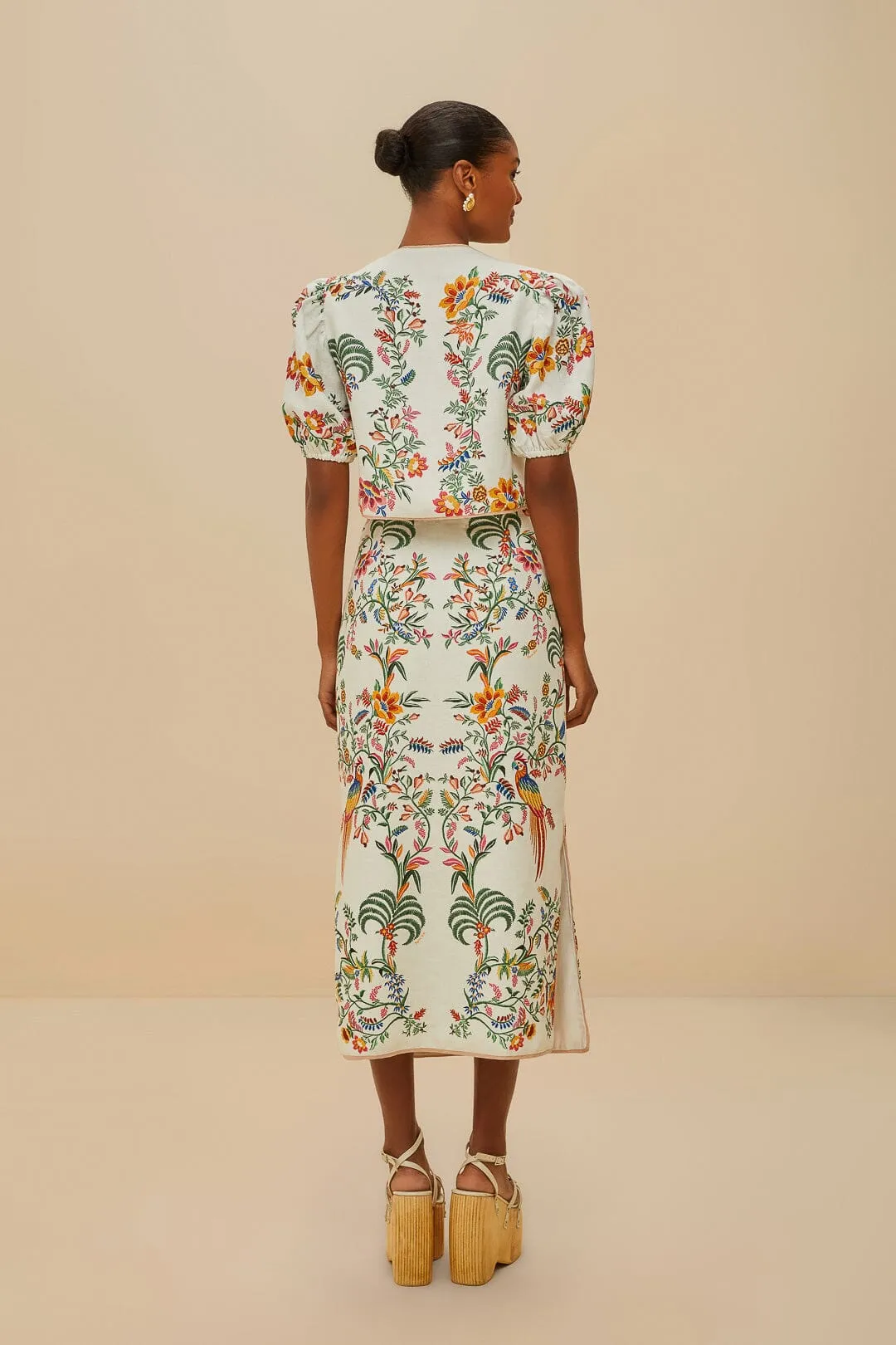 Off-White Delicate Forest Euroflax™ Premium Linen Midi Skirt sold by FARM Rio product image thumbnail 5