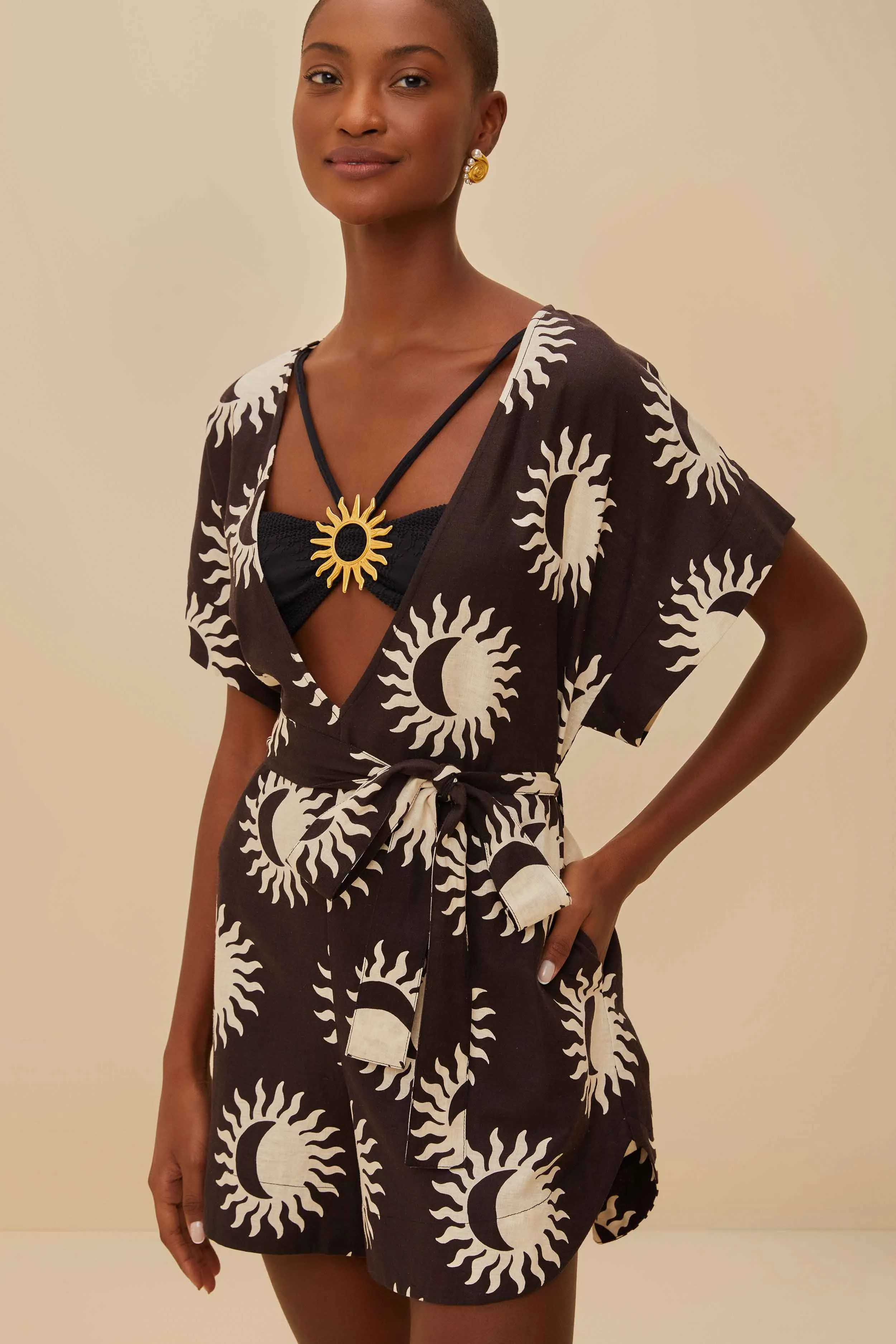 Black Sunny Moon LENZING™ ECOVERO™ Euroflax™ Romper sold by FARM Rio product image thumbnail 2