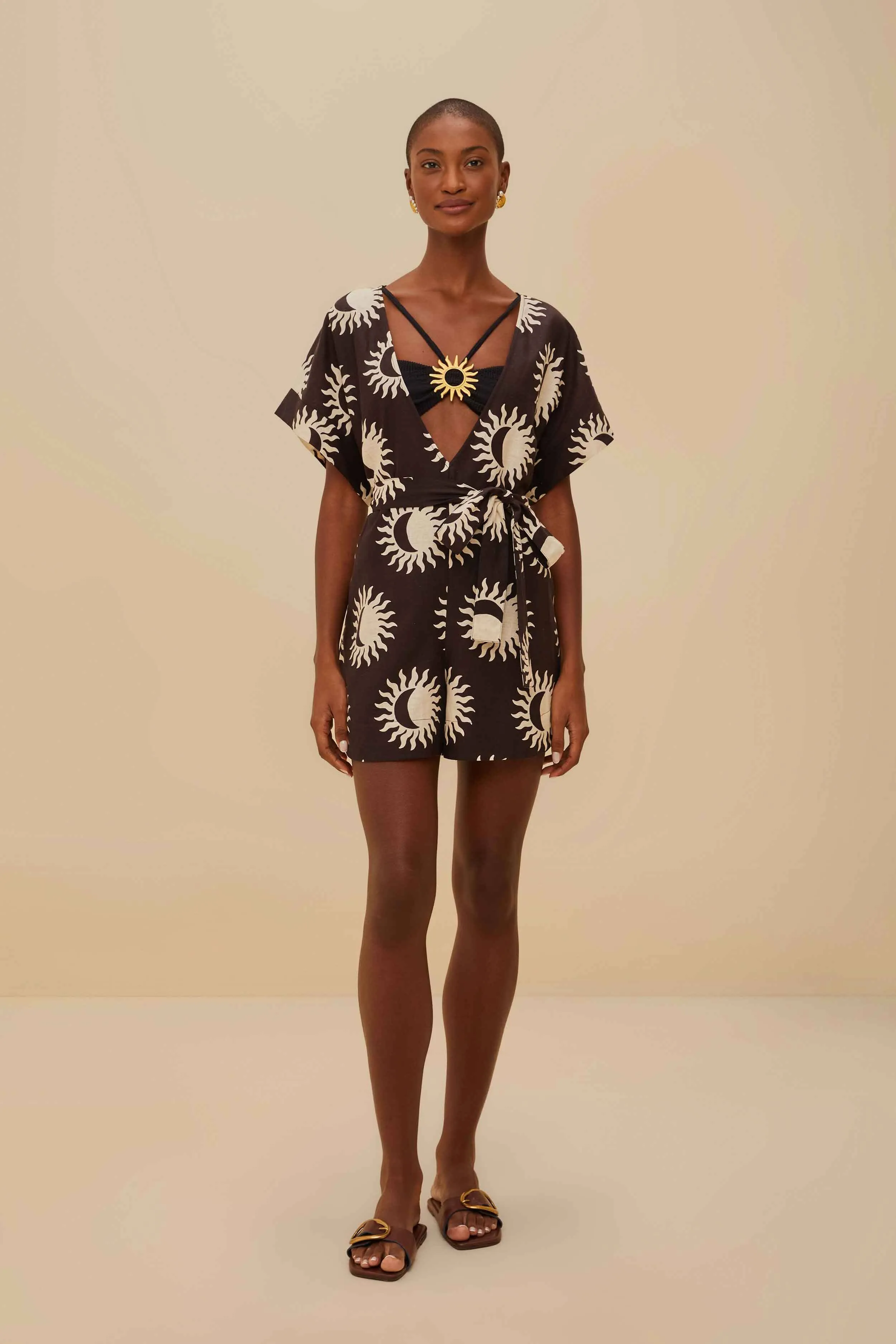 Black Sunny Moon LENZING™ ECOVERO™ Euroflax™ Romper sold by FARM Rio