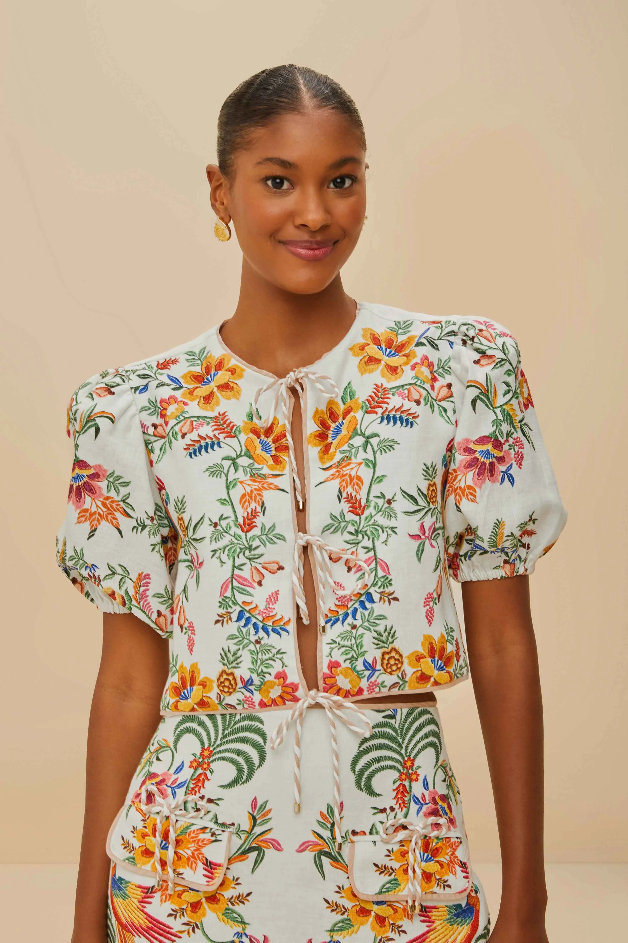 Off-White Delicate Forest Scarves Euroflax™ Premium Linen Blouse sold by FARM Rio