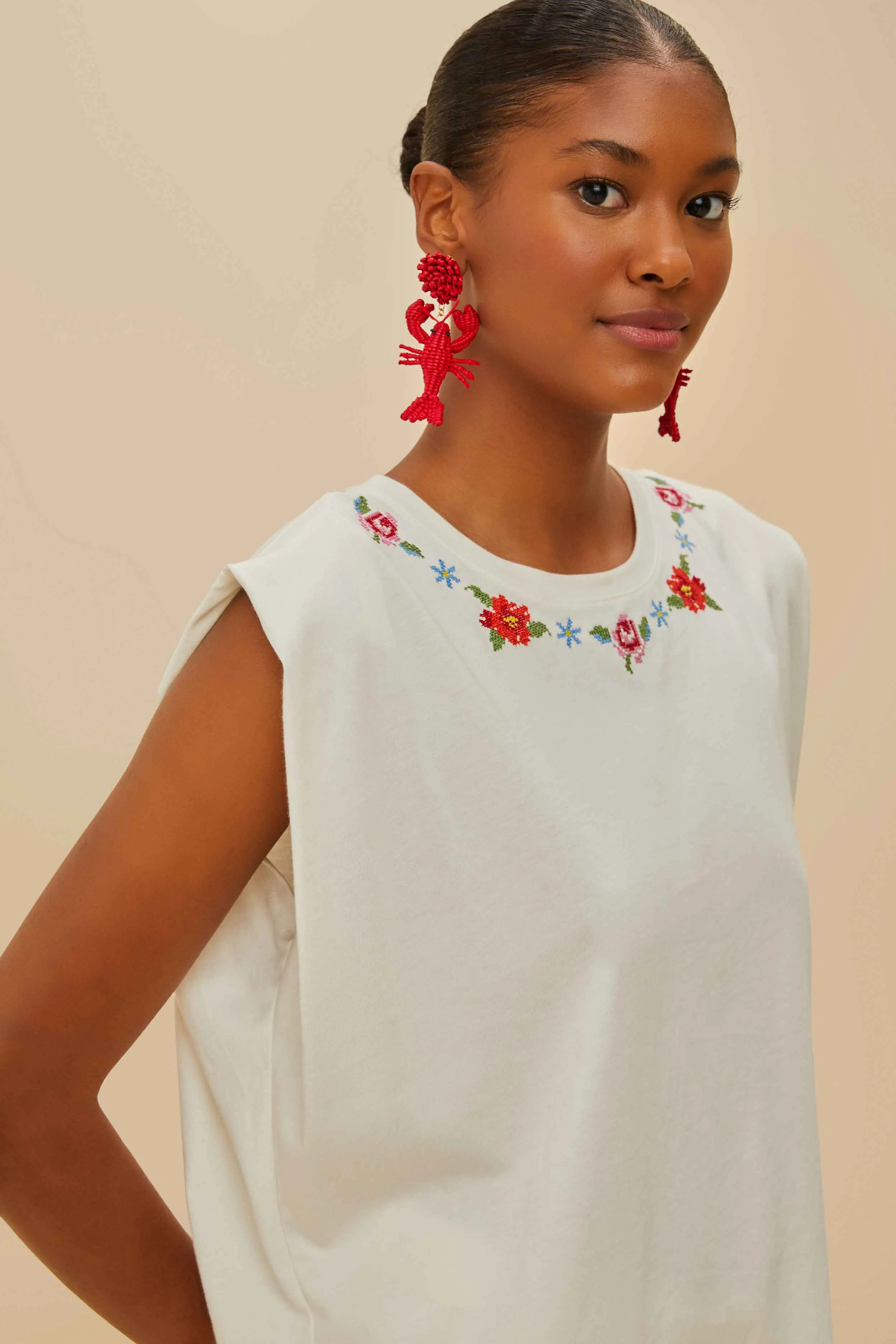 Off-White Cross Stitch Flowers Organic Cotton T-Shirt sold by FARM Rio product image thumbnail 3