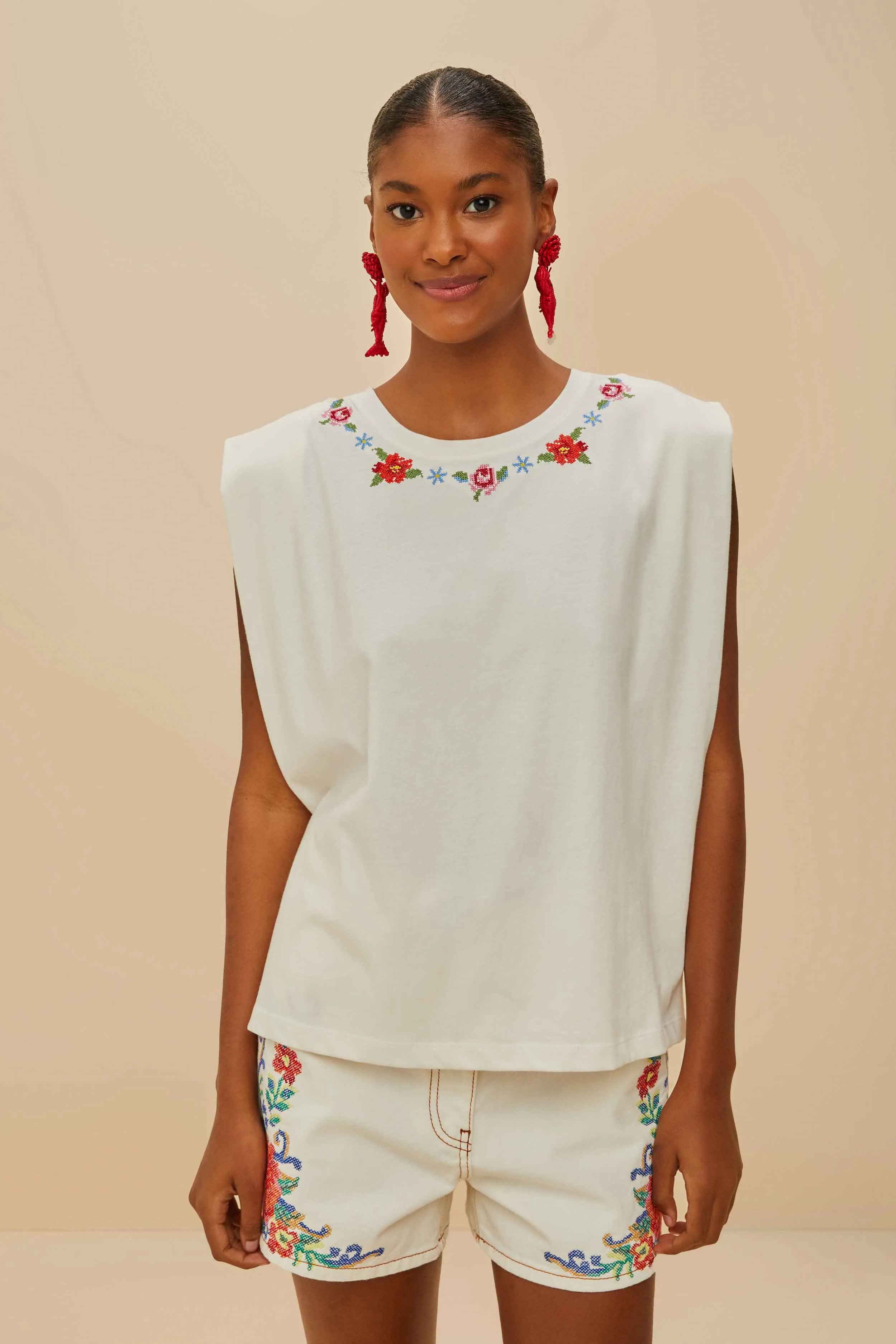 Off-White Cross Stitch Flowers Organic Cotton T-Shirt sold by FARM Rio