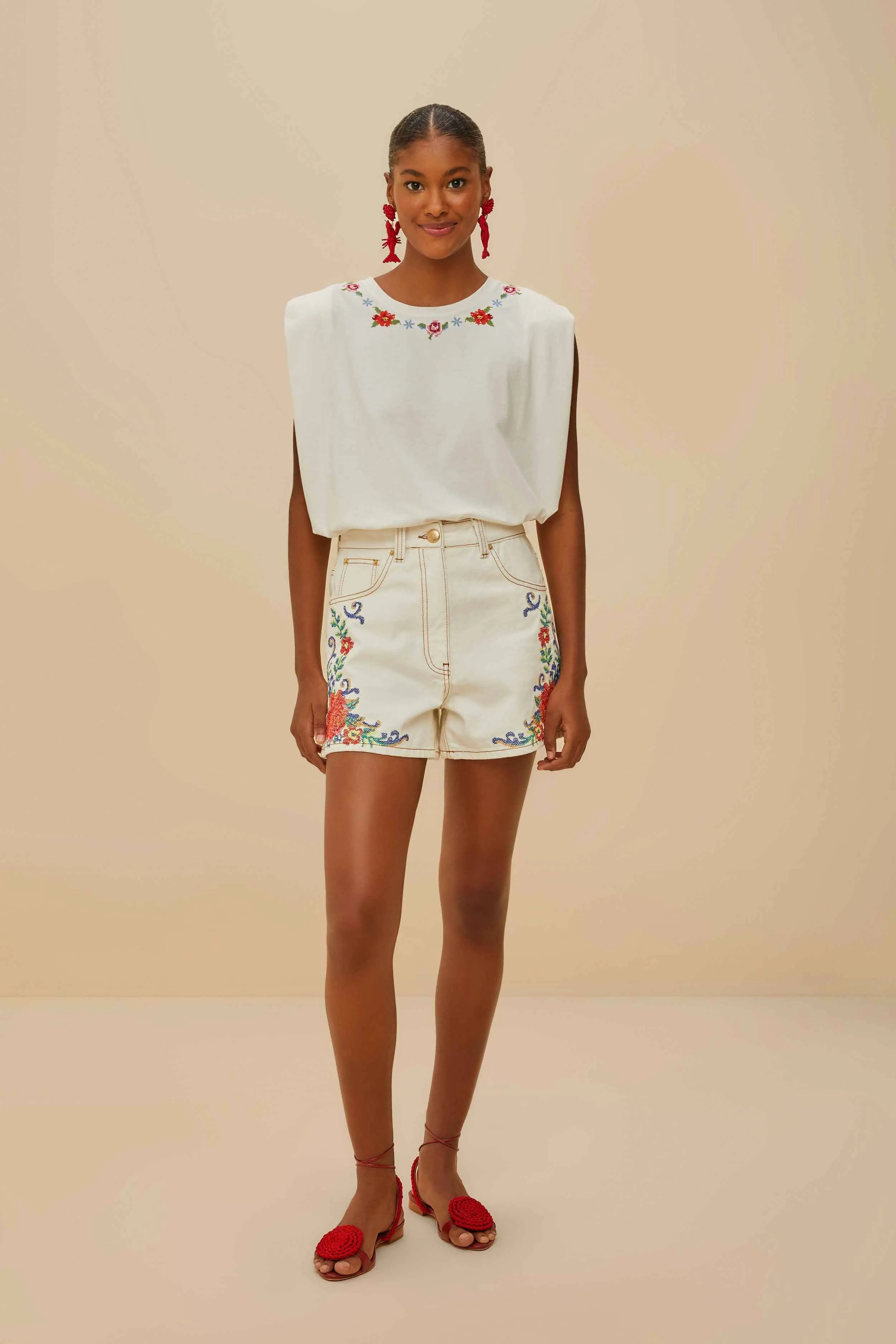 Off-White Cross Stitch Flowers Organic Cotton T-Shirt sold by FARM Rio product image thumbnail 2