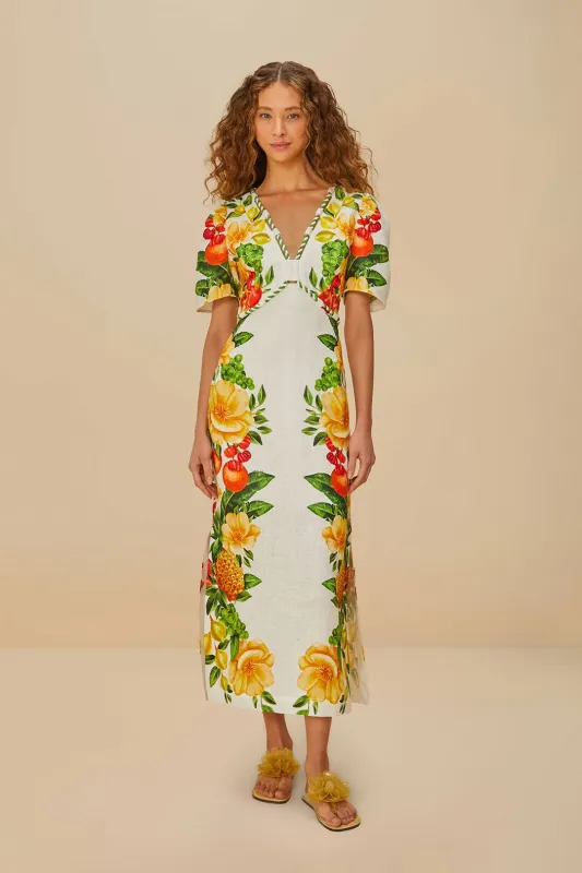 Off-White Picnic Flowers Euroflax™ Premium Linen Maxi Dress sold by FARM Rio