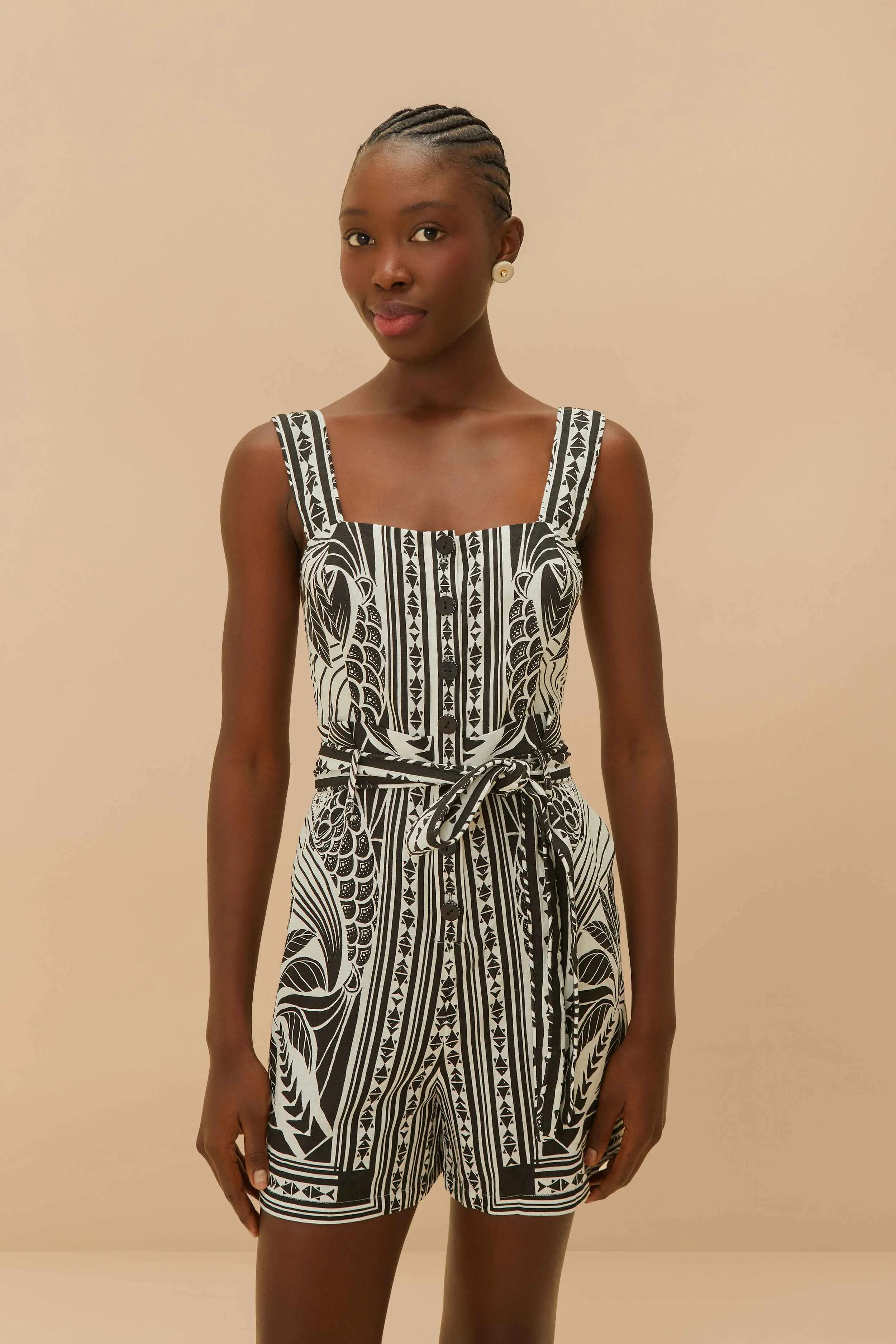 Off-White Monochrome Elegance Scarf LENZING™ ECOVERO™ Euroflax™ Romper sold by FARM Rio