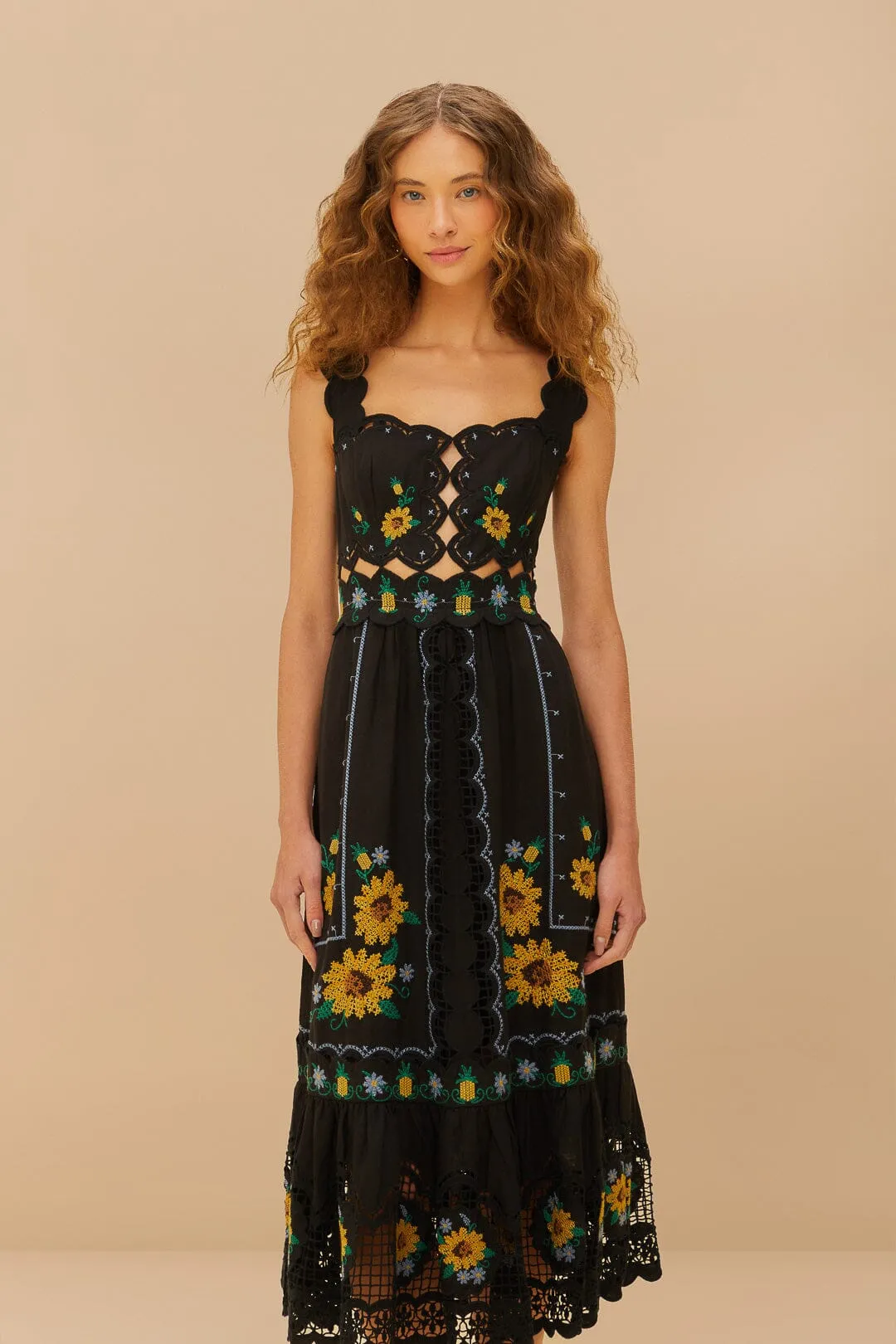 Black Cross Stitch Sunflower Richelieu LENZING™ ECOVERO™ Euroflax™ Midi Dress sold by FARM Rio product image thumbnail 2