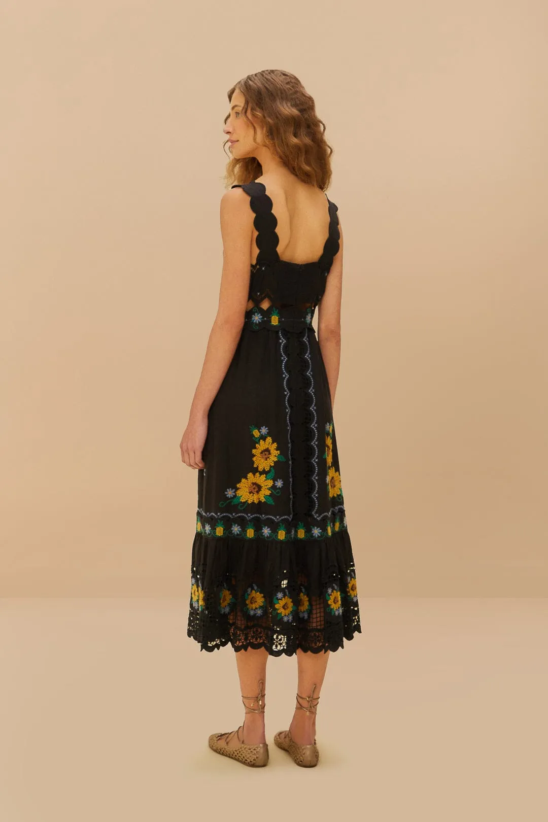 Black Cross Stitch Sunflower Richelieu LENZING™ ECOVERO™ Euroflax™ Midi Dress sold by FARM Rio product image thumbnail 4