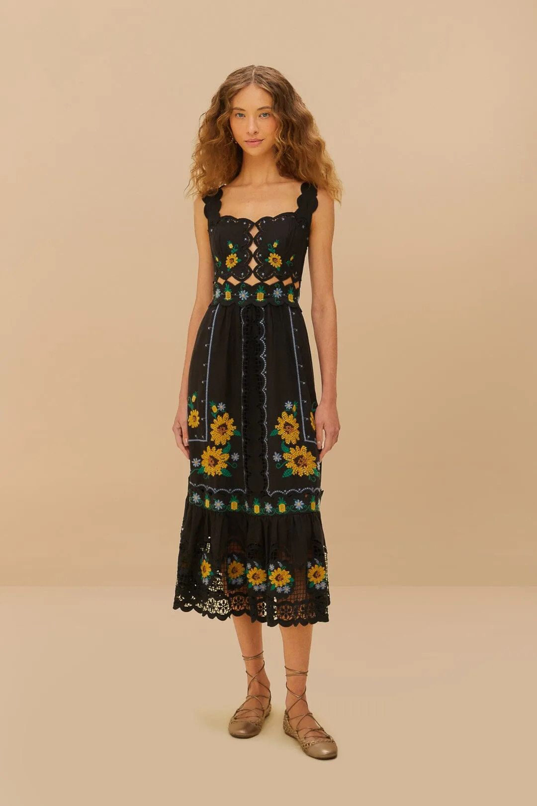 Black Cross Stitch Sunflower Richelieu LENZING™ ECOVERO™ Euroflax™ Midi Dress sold by FARM Rio