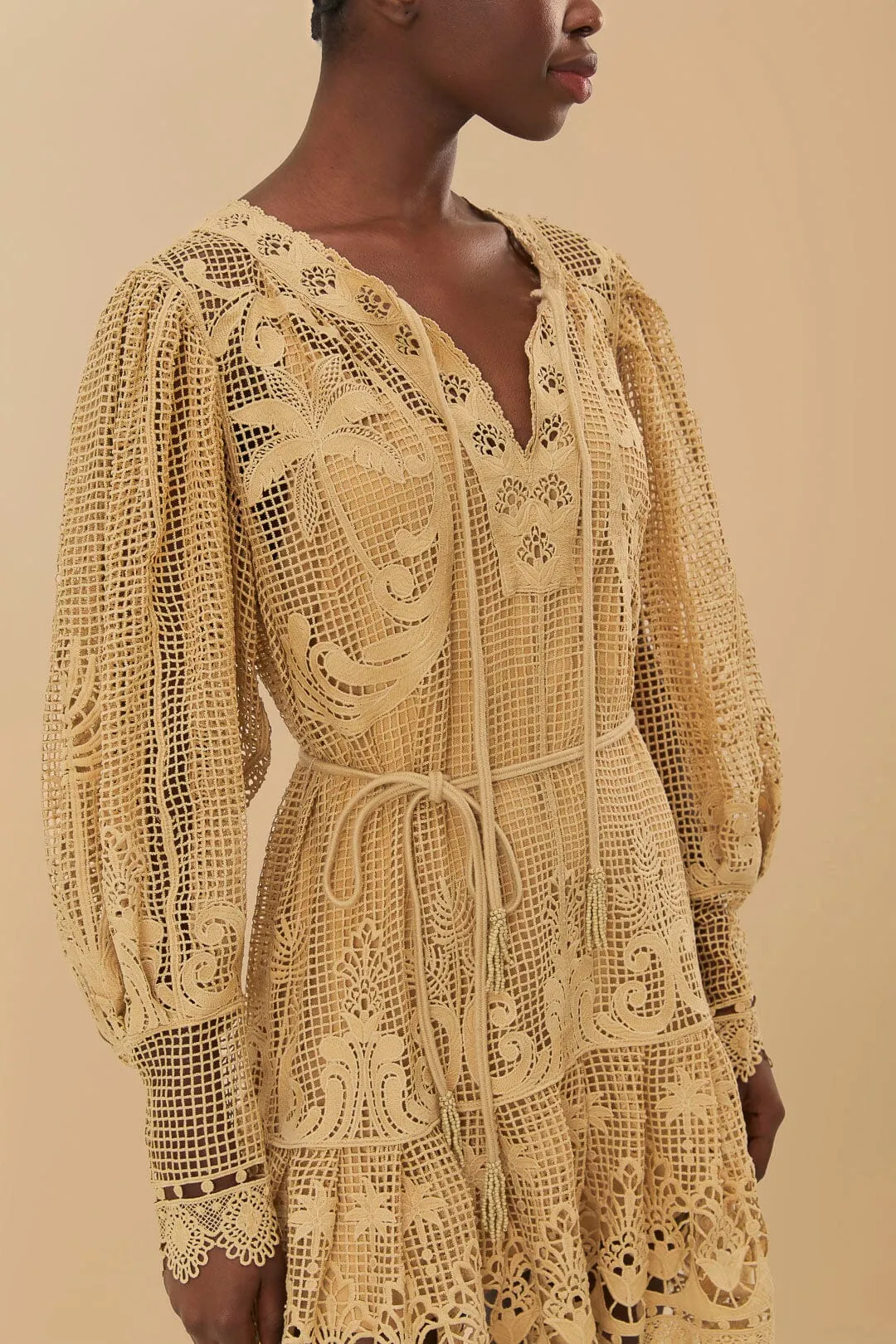 Sand Tropical Flight Guipure Mini Dress sold by FARM Rio product image thumbnail 4