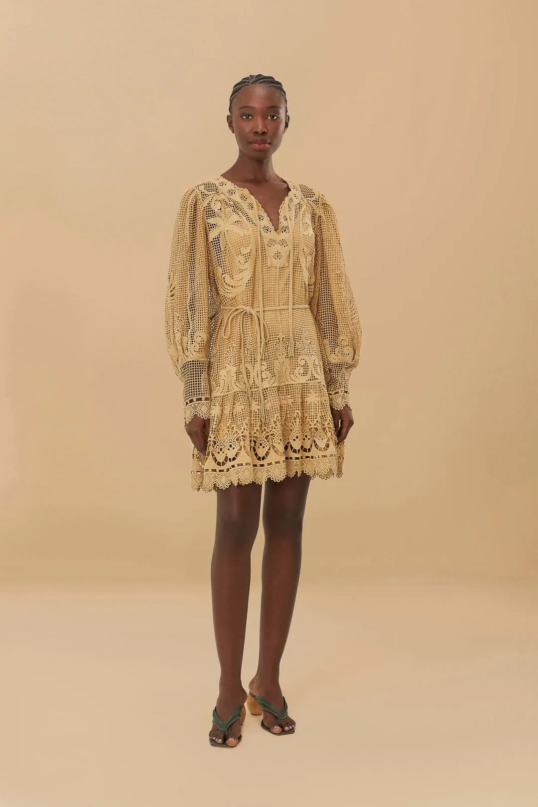 Sand Tropical Flight Guipure Mini Dress sold by FARM Rio