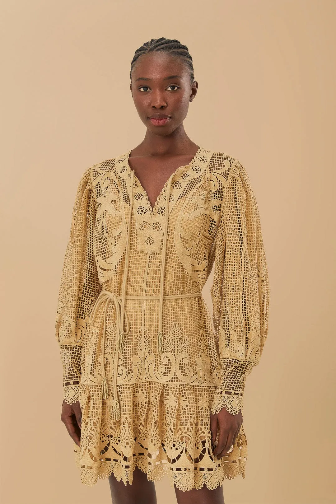 Sand Tropical Flight Guipure Mini Dress sold by FARM Rio product image thumbnail 2