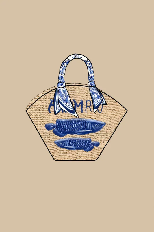 Blue Garden Tiles Raffia Shell Tote sold by FARM Rio