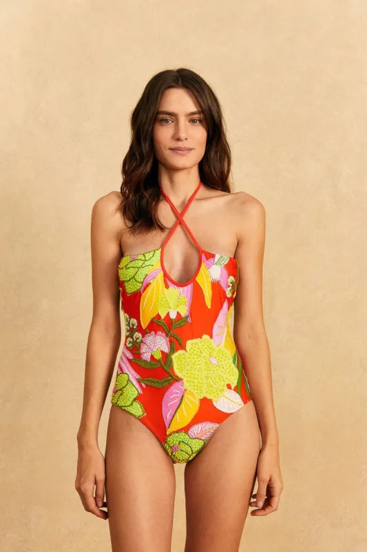 Red Neon Floral One-Piece Swimsuit sold by FARM Rio