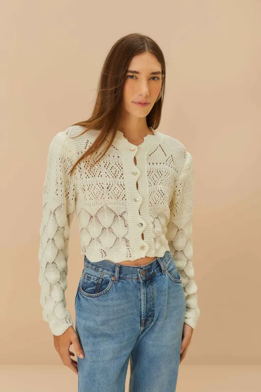 Off-White Mixed Lace Stitch Cardigan sold by FARM Rio