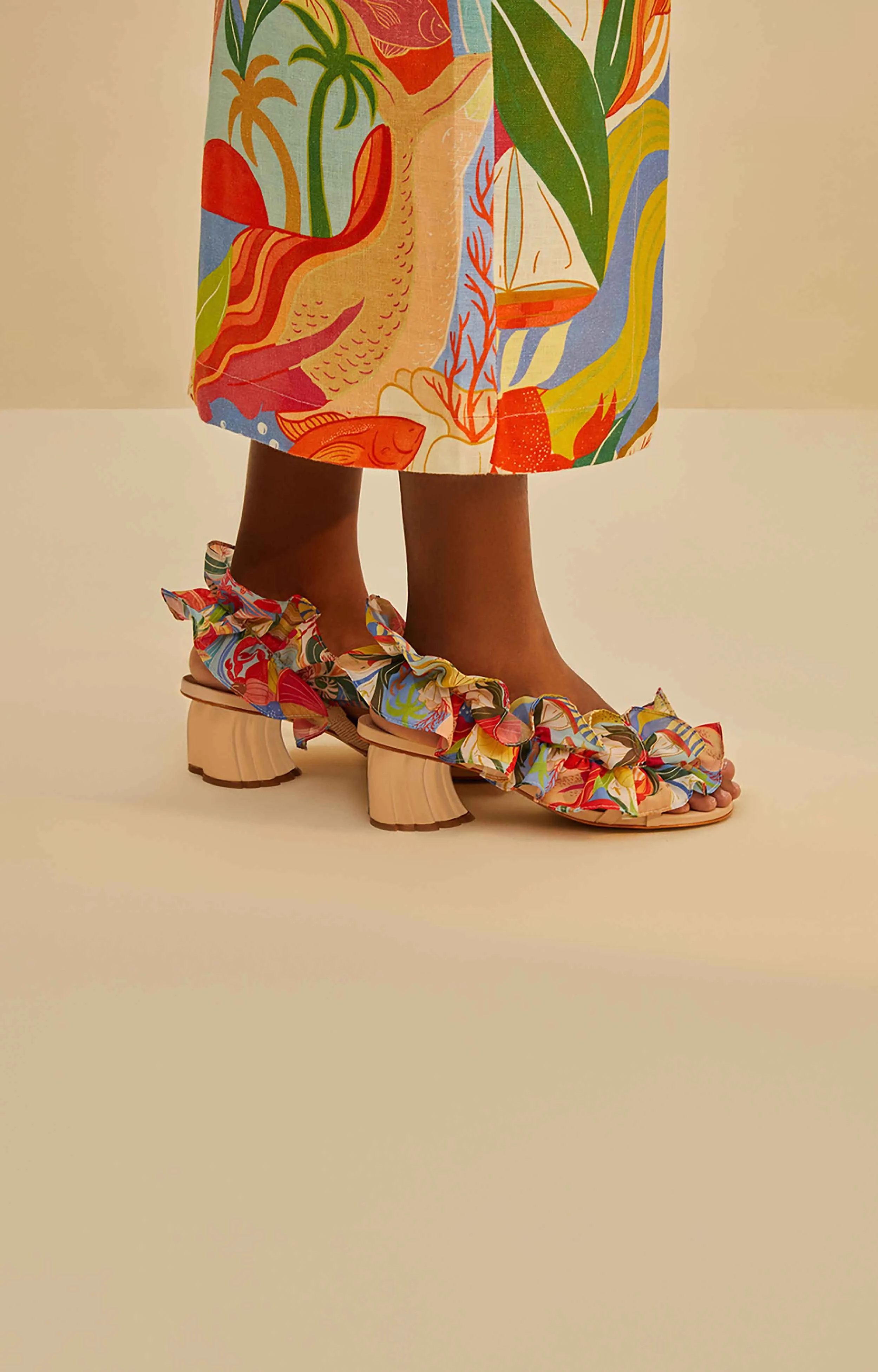 Multicolor Ocean View Monstera Heeled Sandal sold by FARM Rio