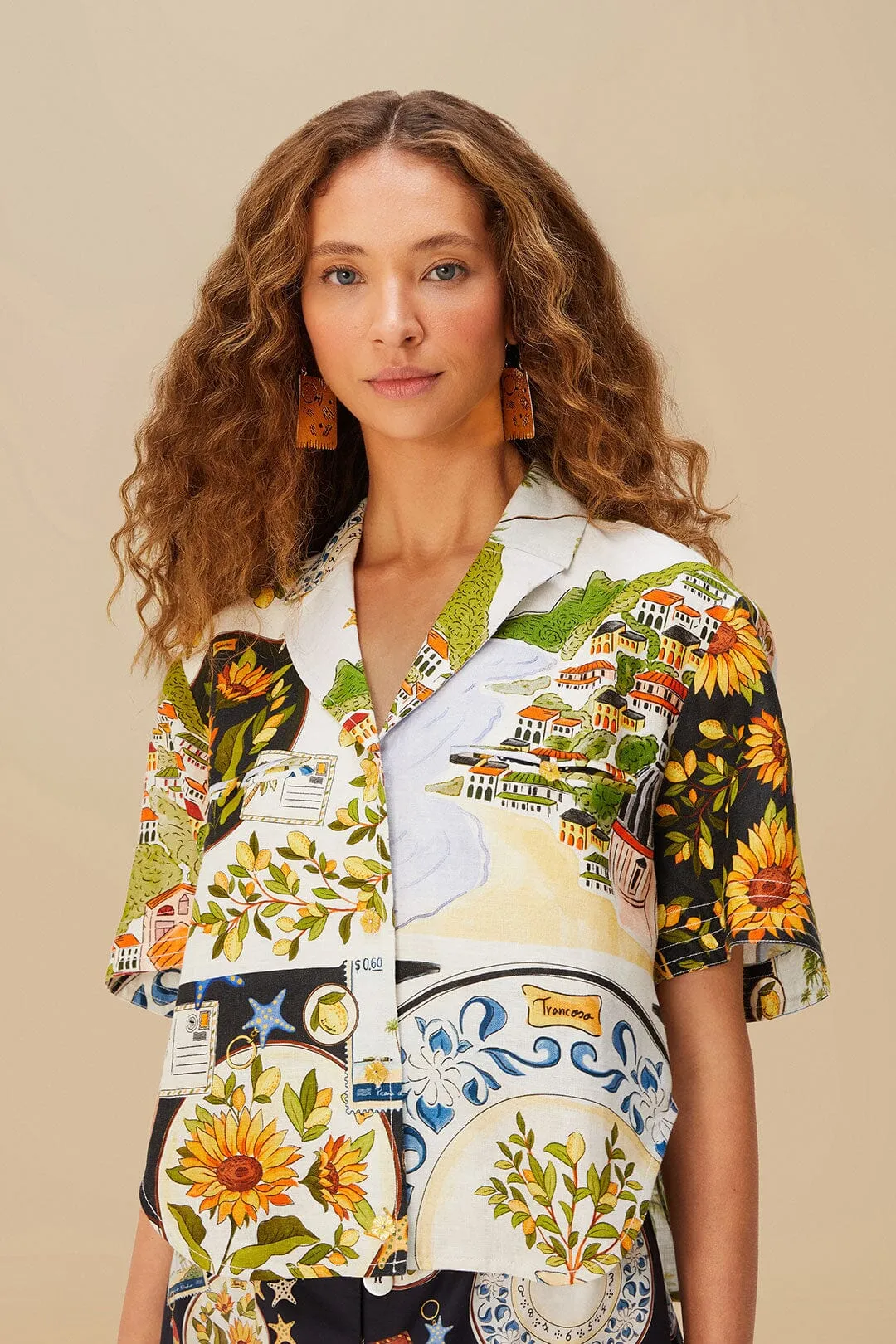 Multicolor Latin Trip Scarves Euroflax™ Premium Linen Crop Shirt sold by FARM Rio