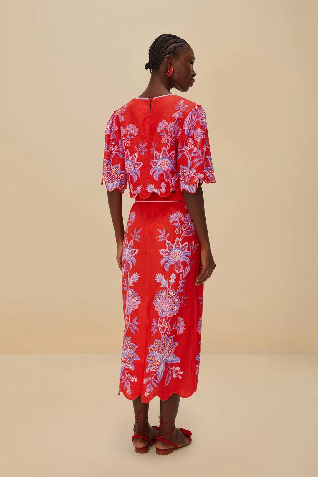 Red Porcelain Garden Euroflax™ Premium Linen Midi Skirt sold by FARM Rio product image thumbnail 4