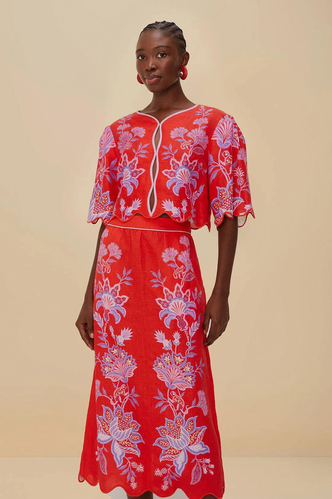 Red Porcelain Garden Euroflax™ Premium Linen Midi Skirt sold by FARM Rio product image thumbnail 2