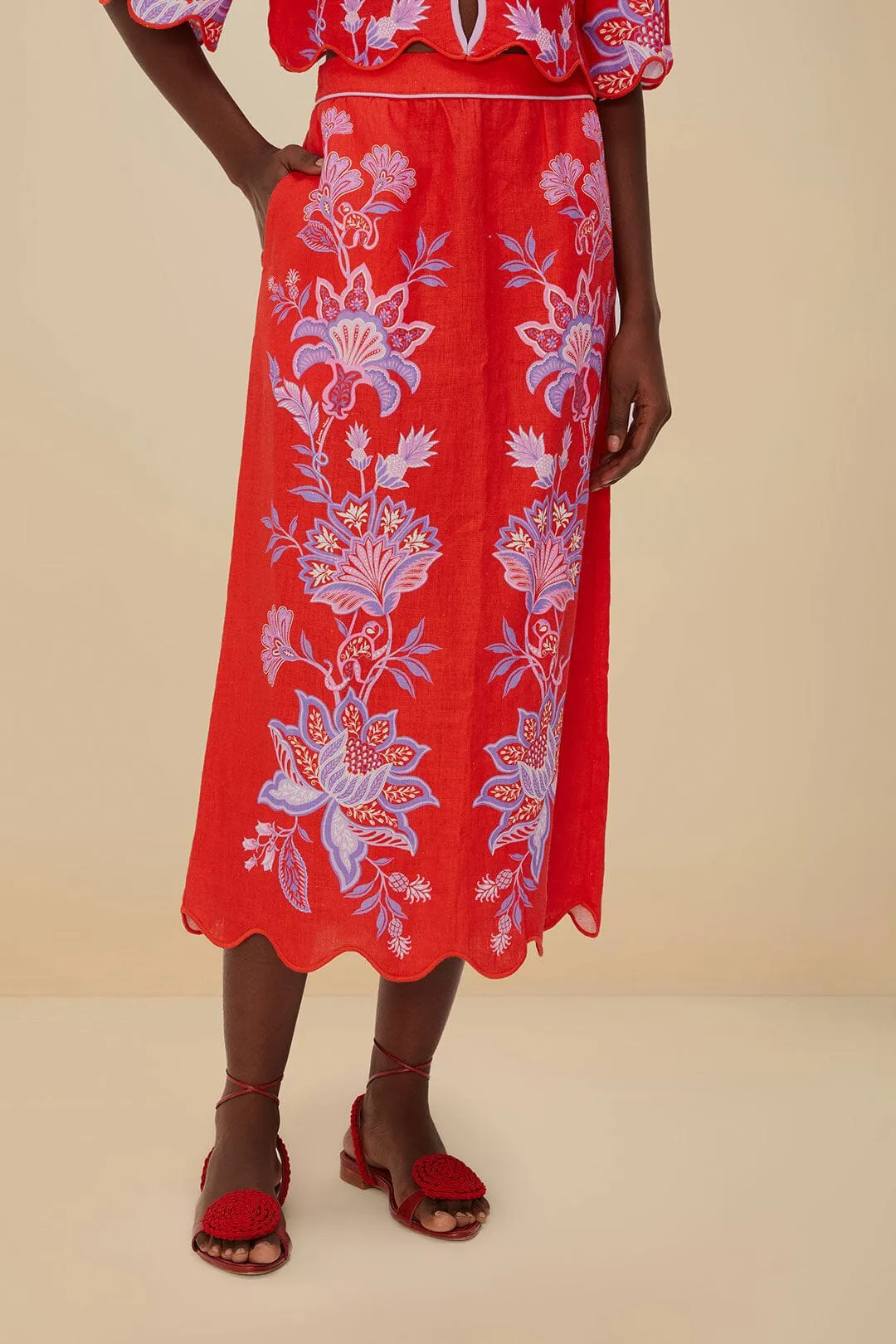 Red Porcelain Garden Euroflax™ Premium Linen Midi Skirt sold by FARM Rio product image thumbnail 3