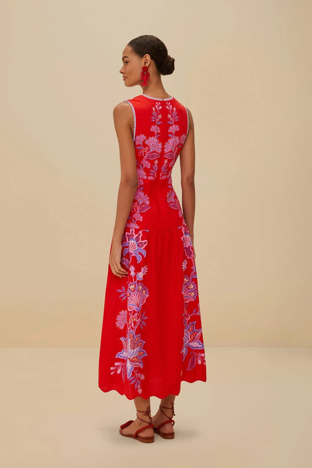 Red Porcelain Garden Euroflax™ Premium Linen Midi Dress sold by FARM Rio product image thumbnail 3