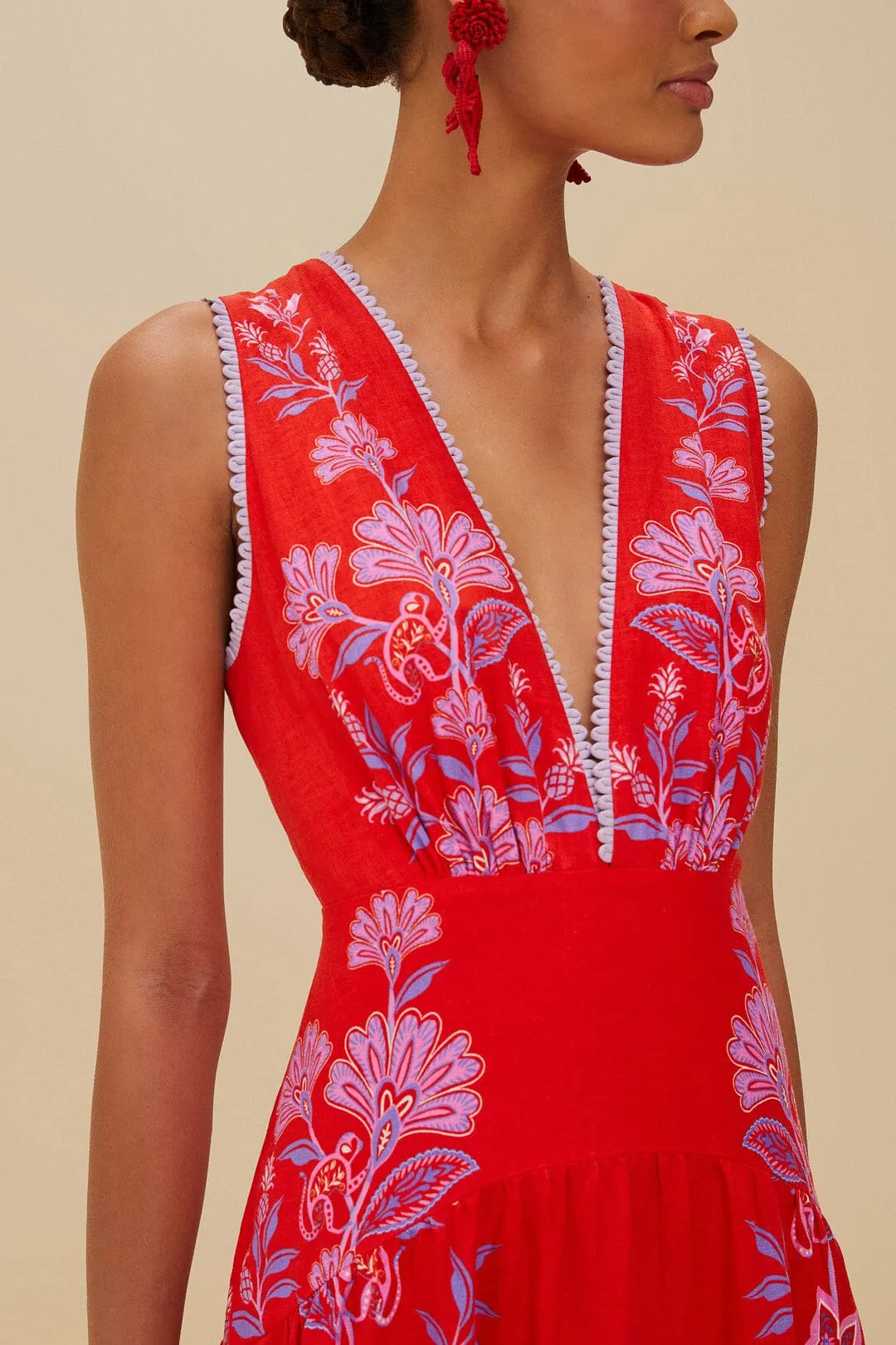 Red Porcelain Garden Euroflax™ Premium Linen Midi Dress sold by FARM Rio product image thumbnail 2