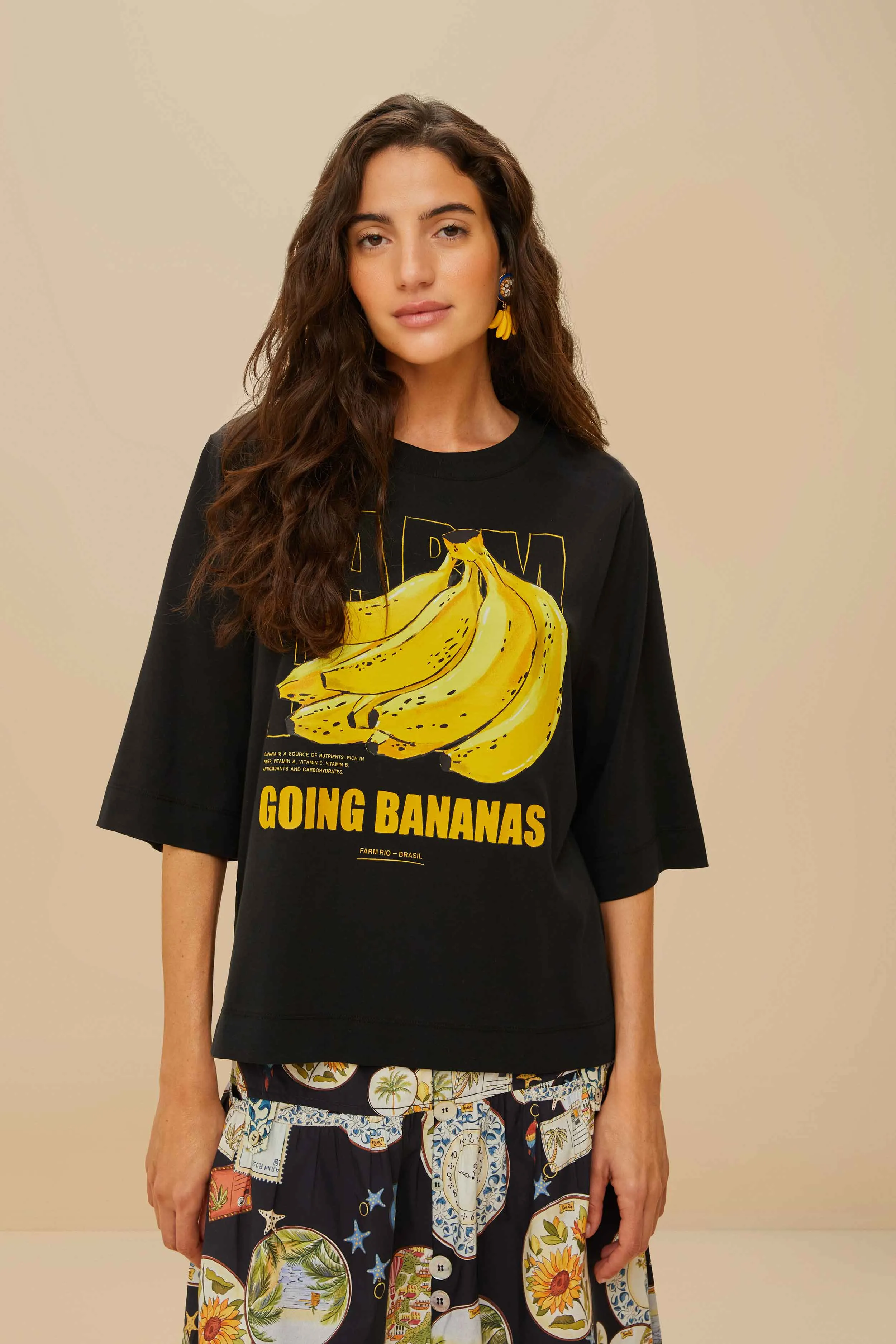 Black Tropical Bananas Organic Cotton T-Shirt sold by FARM Rio