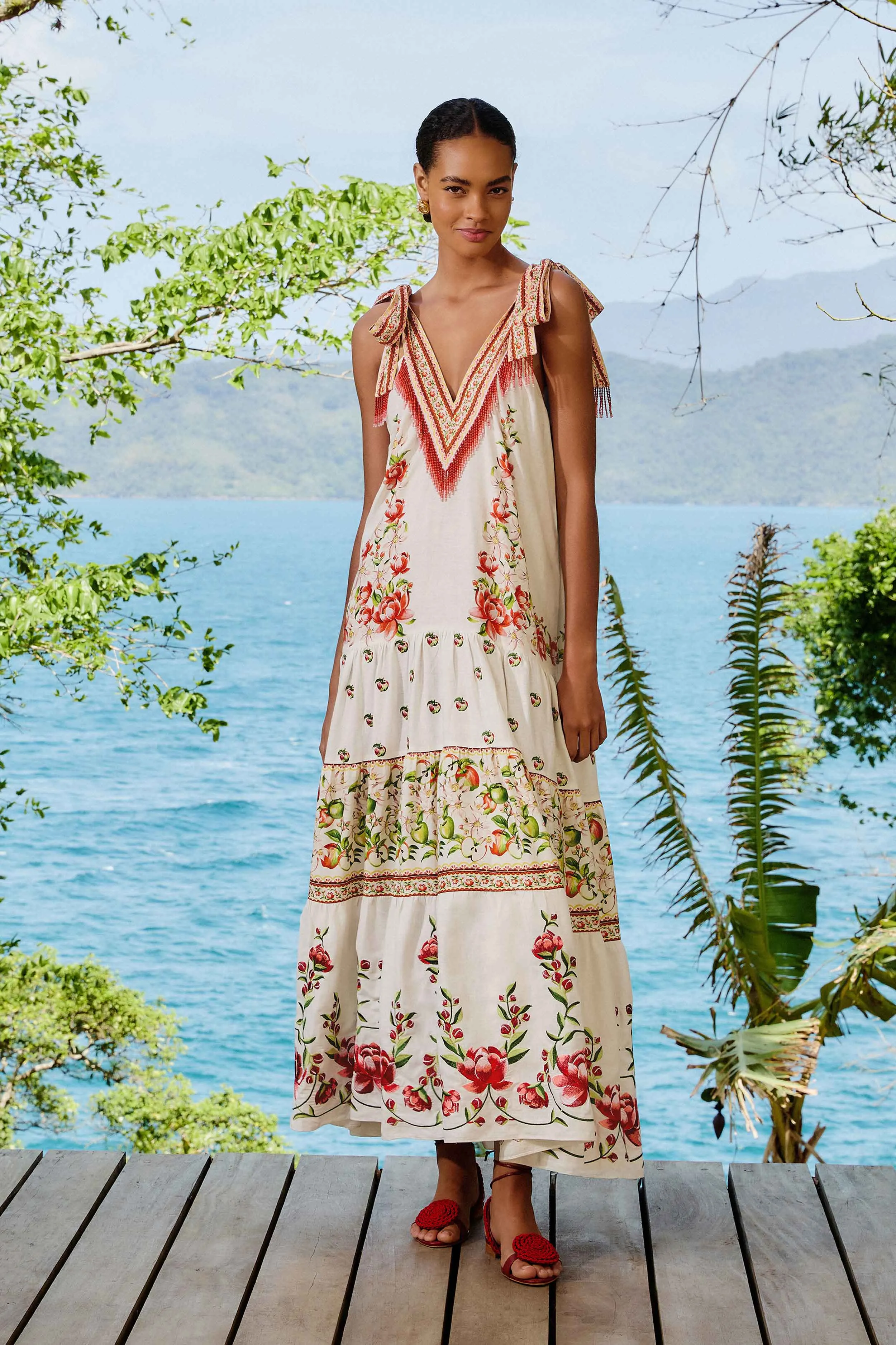 Off-White Apple Romance Embroidered LENZING™ ECOVERO™ Euroflax™ Maxi Dress sold by FARM Rio