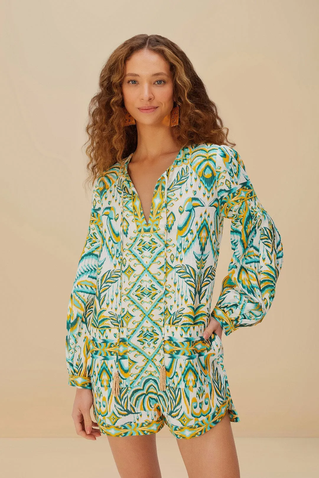 Off-White Tropical Tapestry Euroflax™ Premium Linen Romper sold by FARM Rio