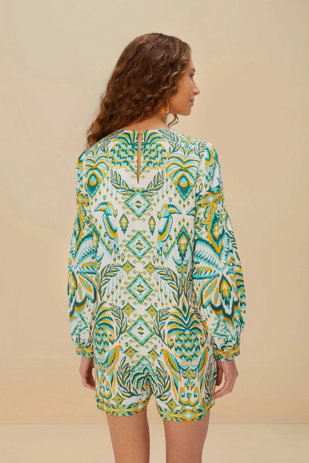 Off-White Tropical Tapestry Euroflax™ Premium Linen Romper sold by FARM Rio product image thumbnail 3