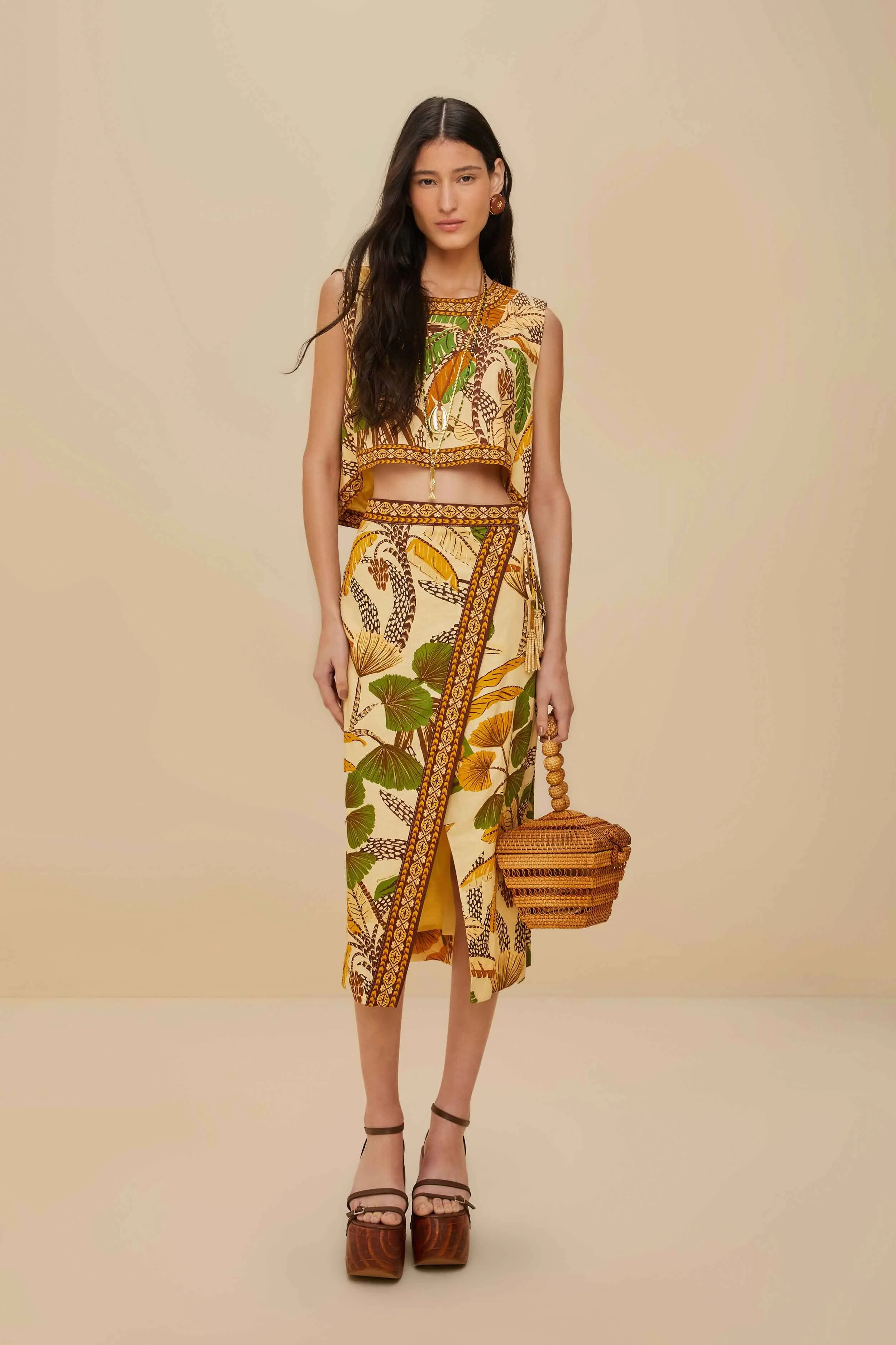 Sand Foliage Sketch LENZING™ ECOVERO™ Euroflax™ Midi Skirt sold by FARM Rio