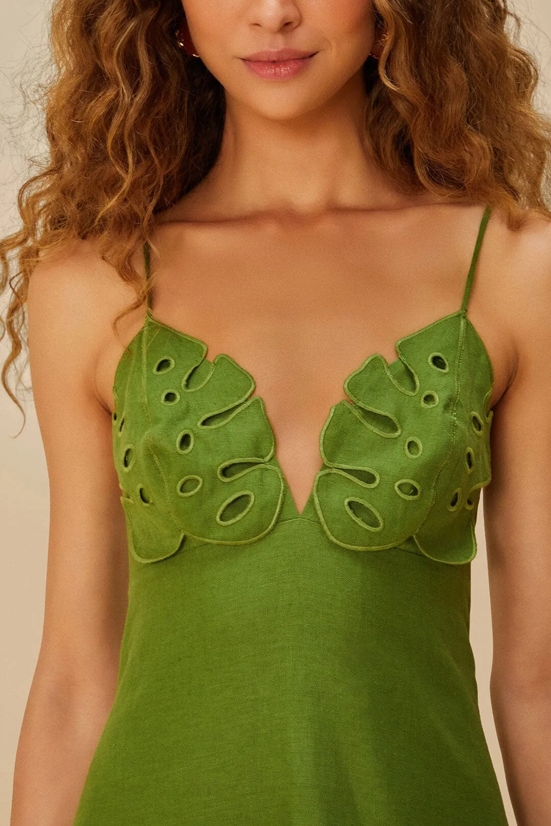 Green Monstera Embroidered Euroflax™ Premium Linen Midi Dress sold by FARM Rio product image thumbnail 3