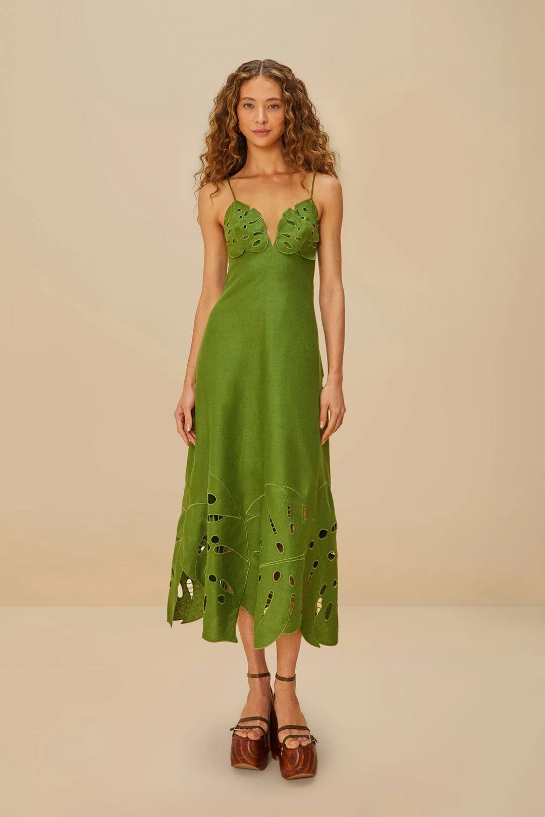 Green Monstera Embroidered Euroflax™ Premium Linen Midi Dress sold by FARM Rio product image thumbnail 2