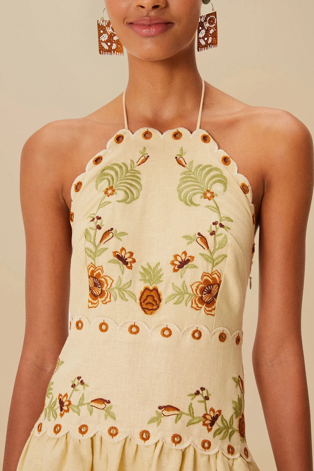 Sand Delicate Forest Richelieu Embroidered Euroflax™ Premium Linen Midi Dress sold by FARM Rio product image thumbnail 3