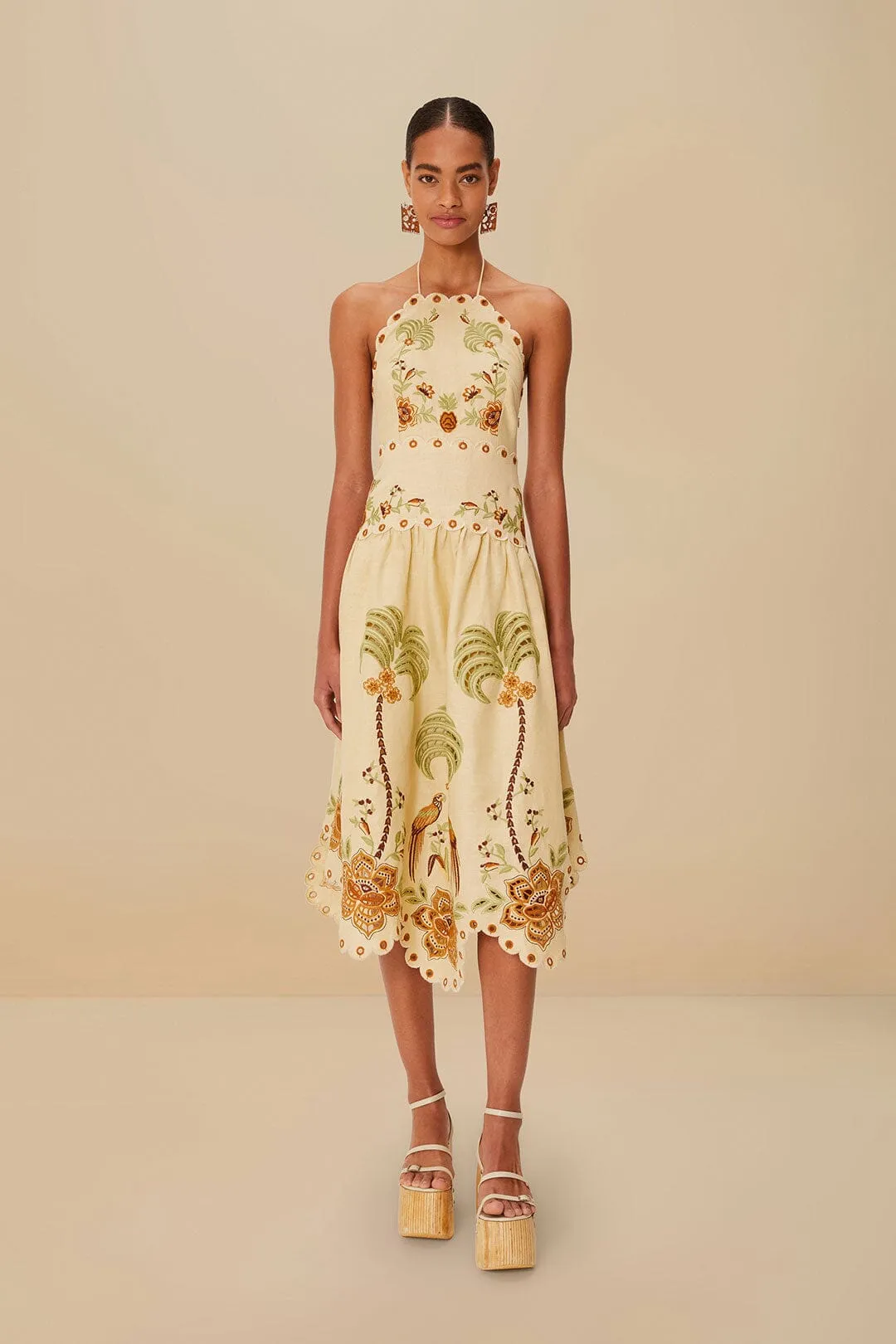 Sand Delicate Forest Richelieu Embroidered Euroflax™ Premium Linen Midi Dress sold by FARM Rio product image thumbnail 2