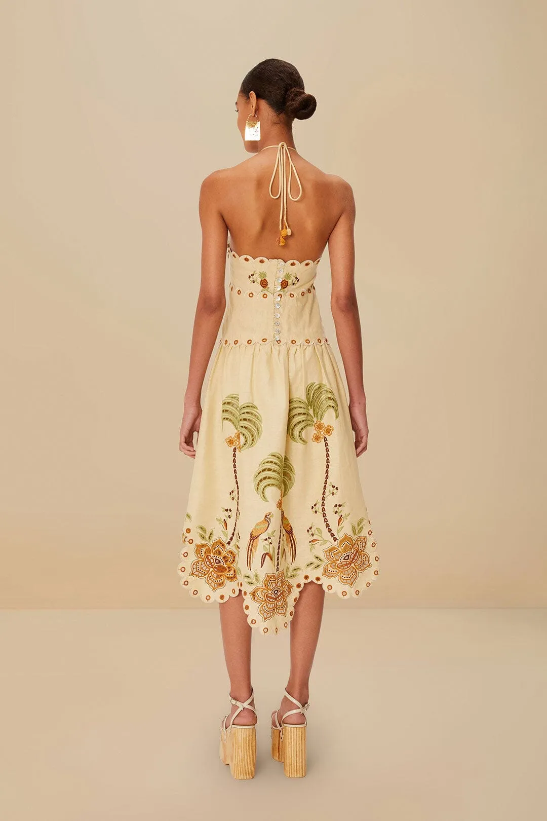 Sand Delicate Forest Richelieu Embroidered Euroflax™ Premium Linen Midi Dress sold by FARM Rio product image thumbnail 4
