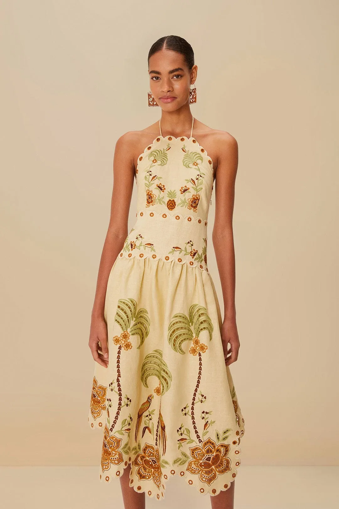 Sand Delicate Forest Richelieu Embroidered Euroflax™ Premium Linen Midi Dress sold by FARM Rio