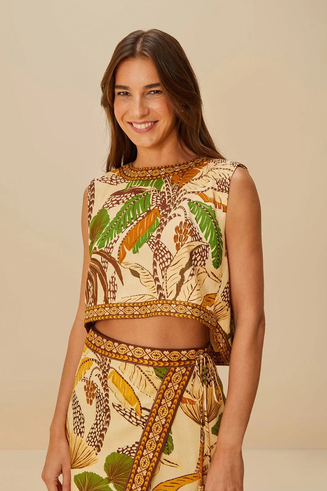 Sand Foliage Sketch LENZING™ ECOVERO™ Euroflax™ Blouse sold by FARM Rio