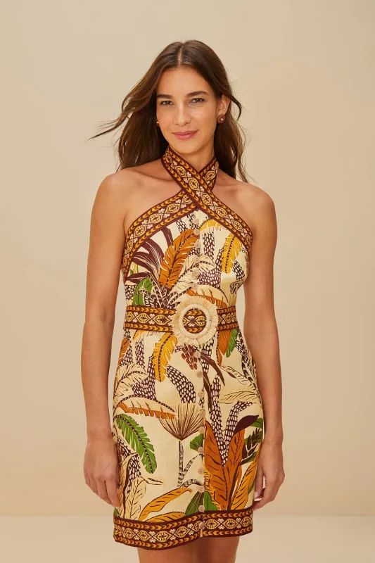 Sand Foliage Sketch Euroflax™ Premium Linen Mini Dress sold by FARM Rio