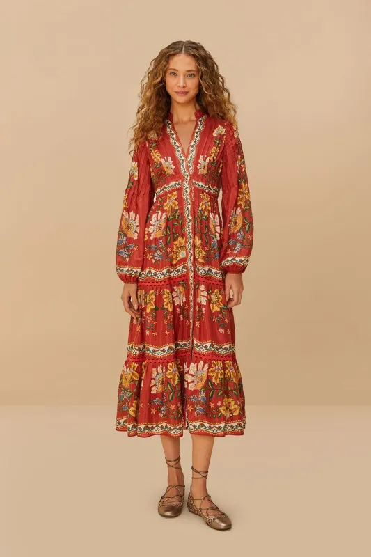 Red Garden Delight Long Sleeve Midi Dress sold by FARM Rio