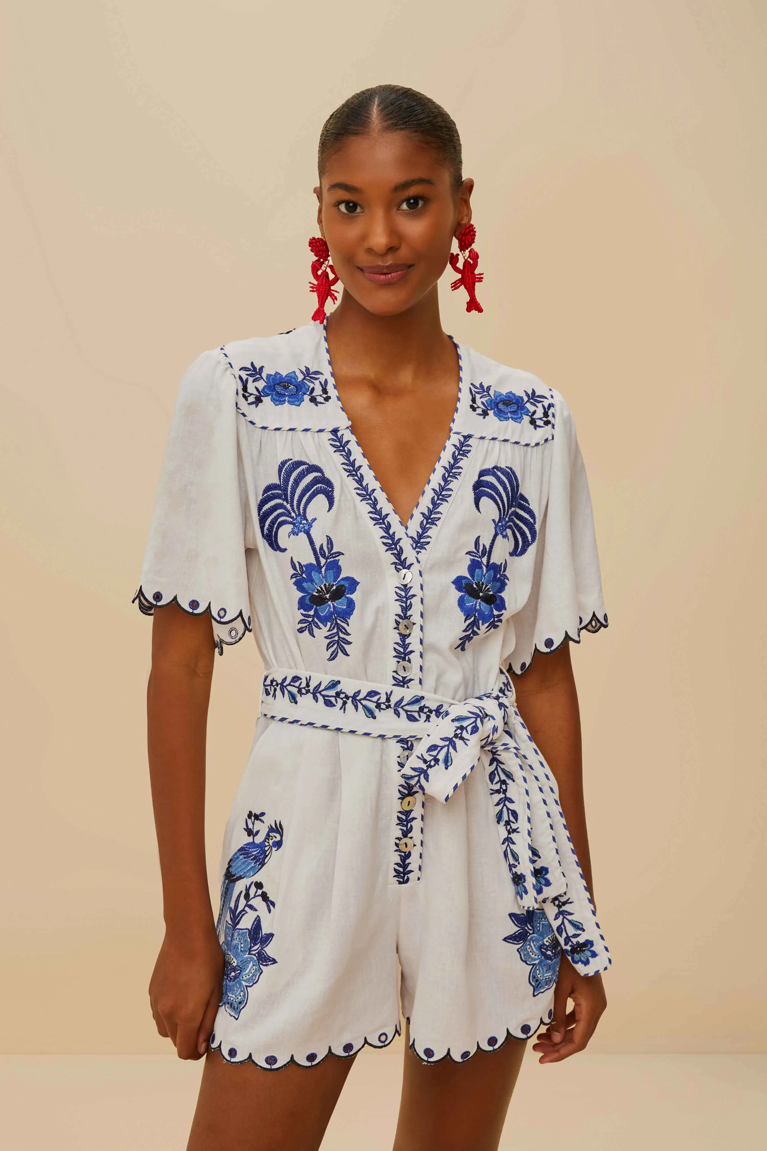 Blue Delicate Forest Richelieu Embroidered LENZING™ ECOVERO™ Euroflax™ Romper sold by FARM Rio