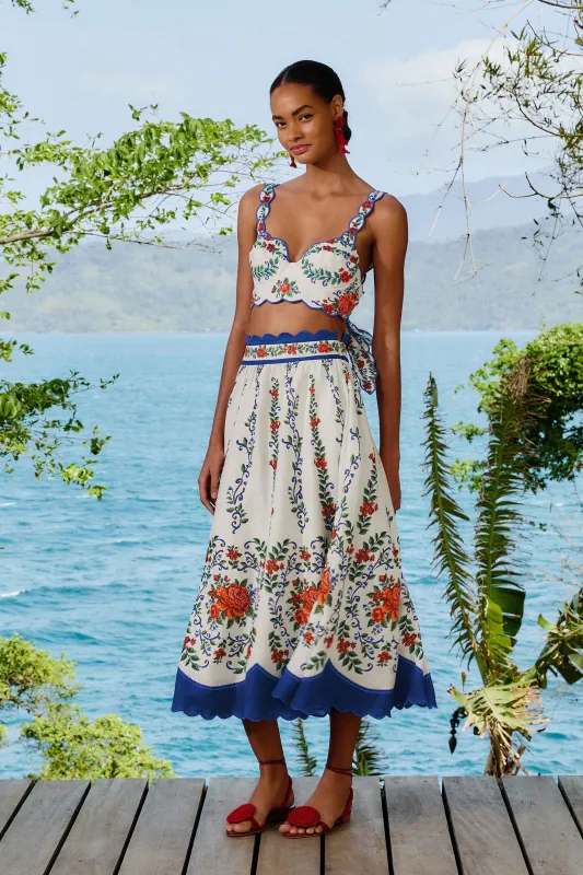 Off-White Flower Tapestry LENZING™ ECOVERO™ Euroflax™ Midi Skirt sold by FARM Rio