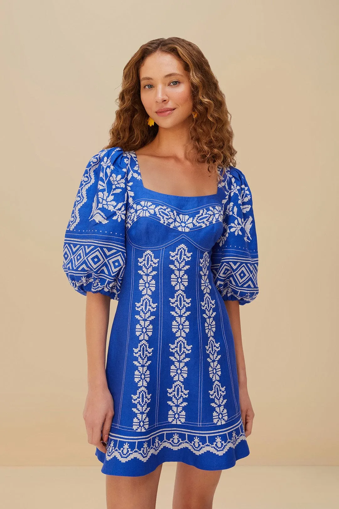 Blue Tropical Cross Stitch Euroflax™ Premium Linen Mini Dress sold by FARM Rio